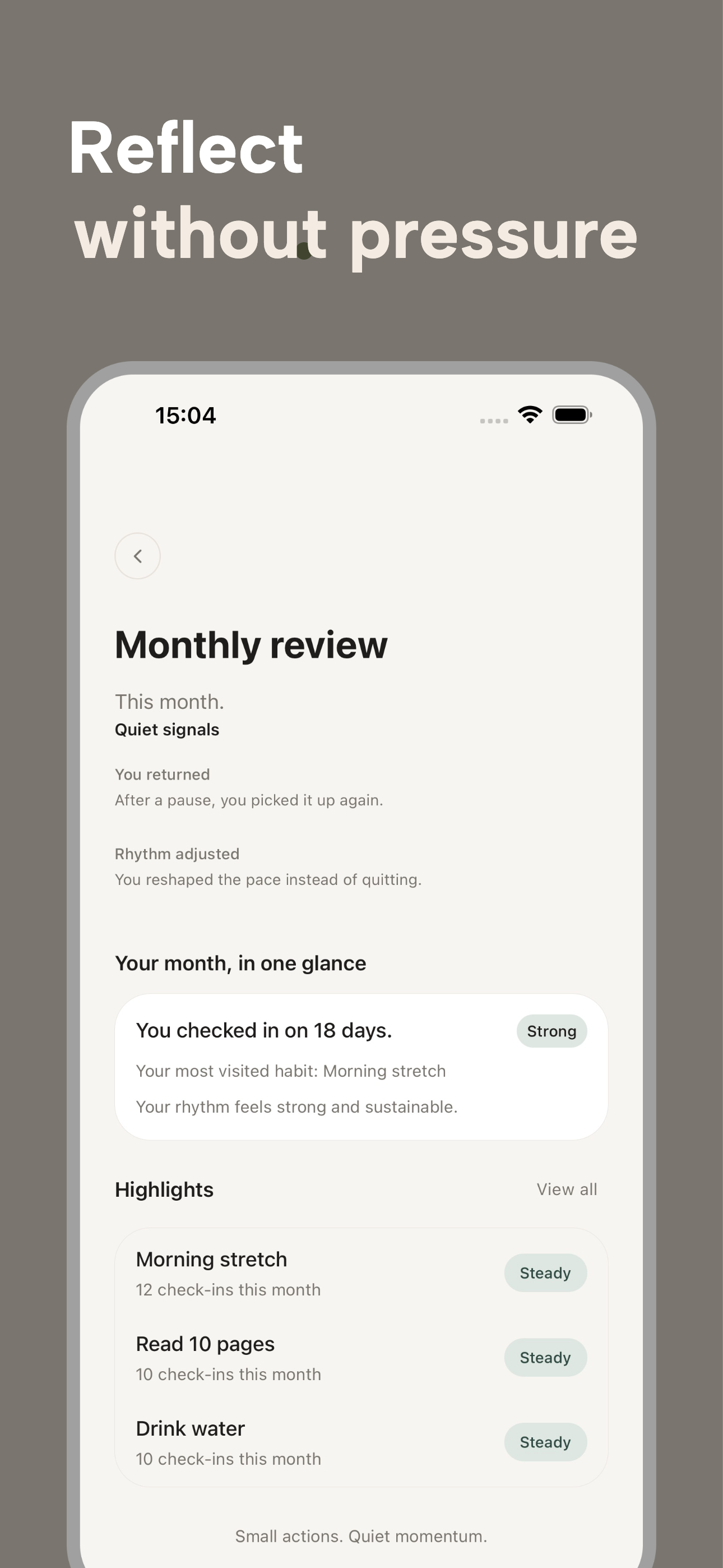 Still monthly review screen summarizing steady habit progress