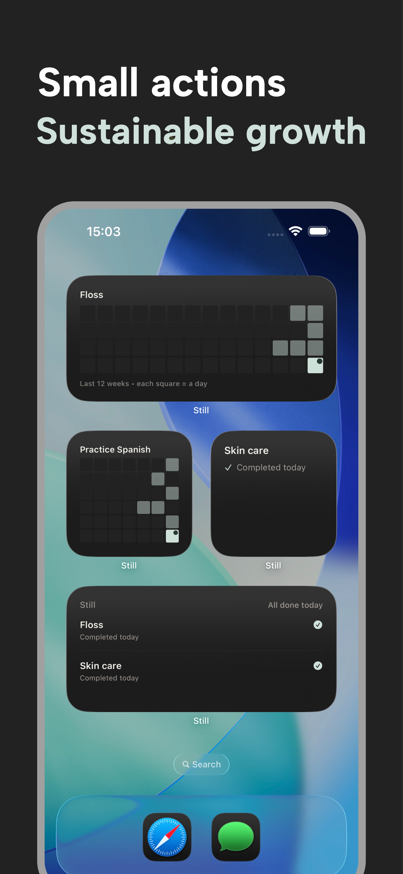 Still iPhone home screen widgets showing habits and quick check-ins
